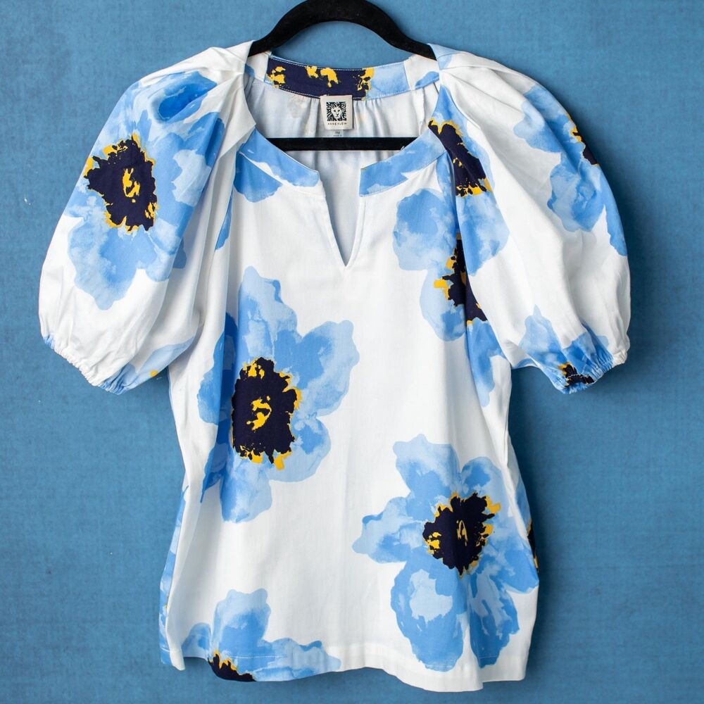 Anne Klein Women's PM Petite Blue Floral Puff Sleeve Blouse Cotton Stretch Top